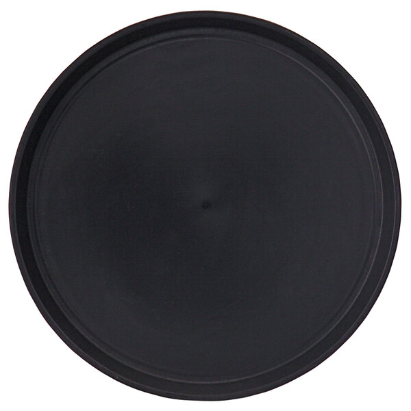 A black round non-skid serving tray.