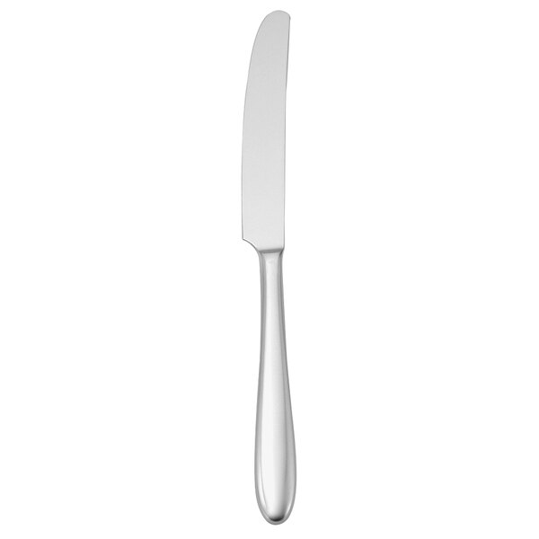 A Oneida Mascagni stainless steel table knife with a silver handle.