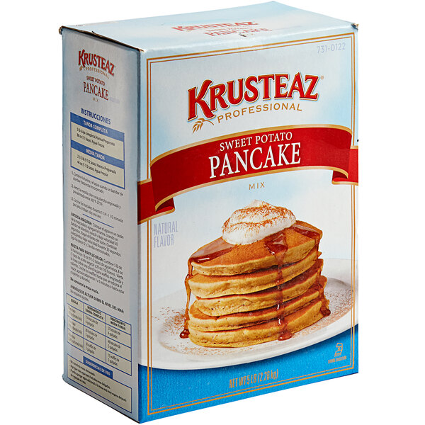 A box of Krusteaz Sweet Potato Pancake Mix with a white label.