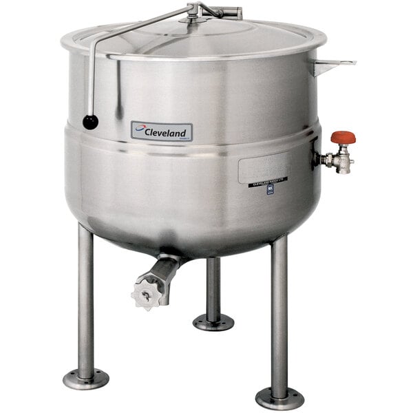 A Cleveland KDL-40 stationary stainless steel steam kettle with a lid.