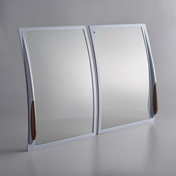 A pair of white rectangular glass lids with brown handles.
