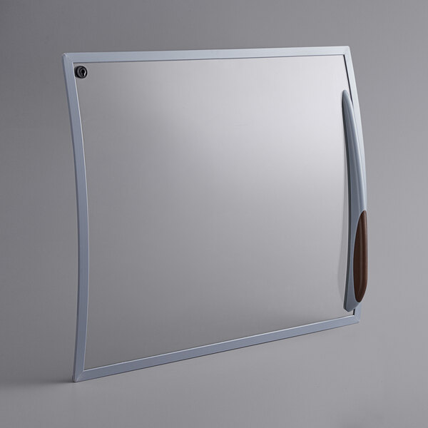 A sliding glass bottom lid for a white refrigerator with a brown handle.