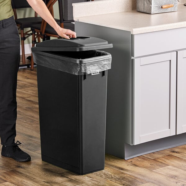 Lavex 23 Gallon Black Slim Rectangular Trash Can and Black Flat Lid with Handle