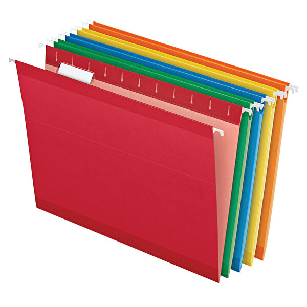 A row of Pendaflex assorted color reinforced hanging folders.