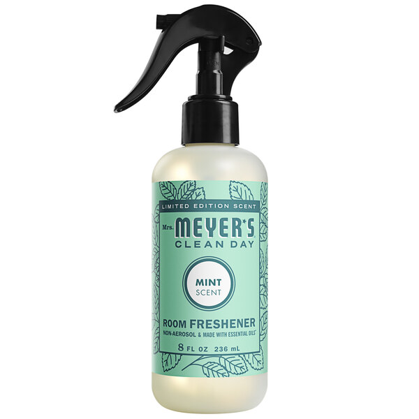 A Mrs. Meyer's Clean Day Mint Air Freshener Deodorizer spray bottle with a black sprayer and a label.