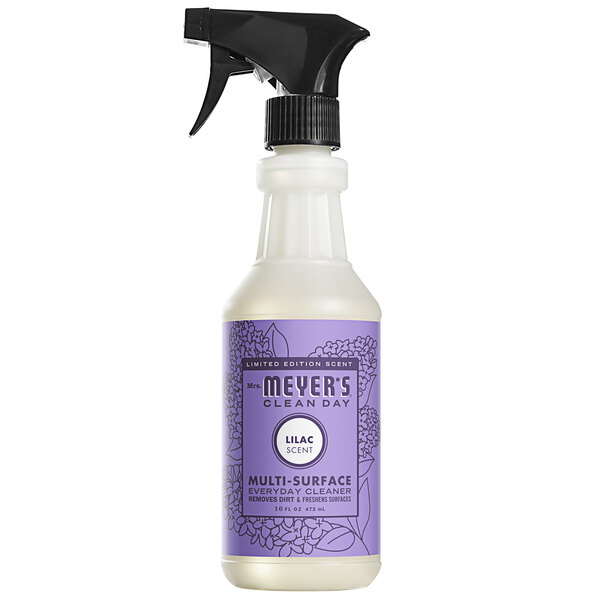 A white spray bottle of Mrs. Meyer's Lilac All Purpose Multi-Surface Cleaner with a purple label.
