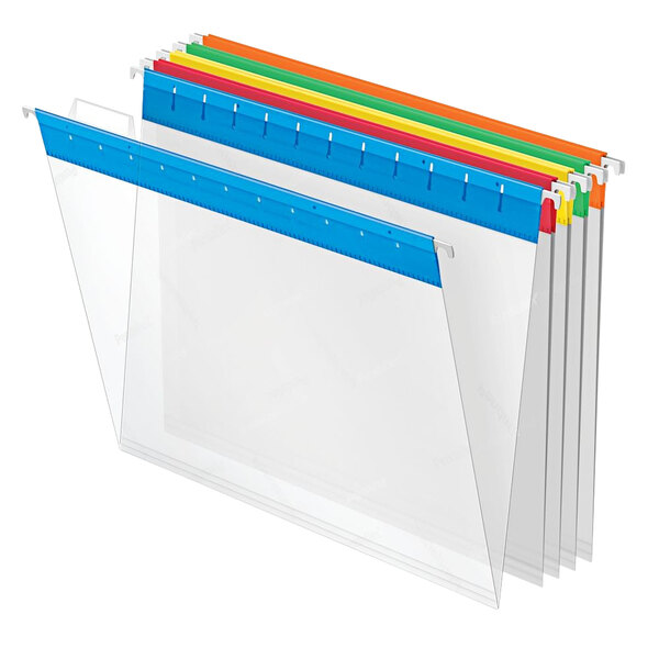 A group of Pendaflex assorted color poly hanging files with colorful tabs.