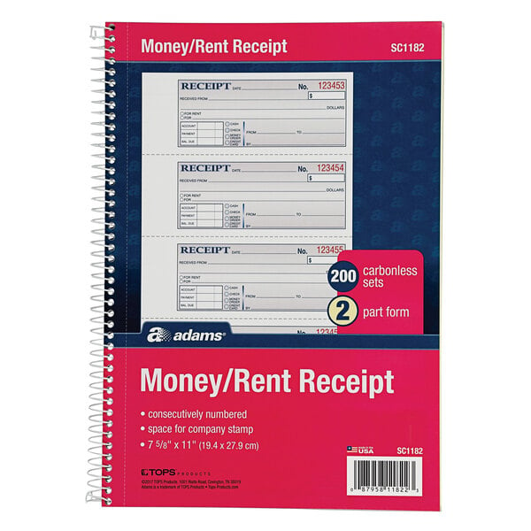 An Adams spiral bound money and rent receipt book with a red cover and white and blue labels.
