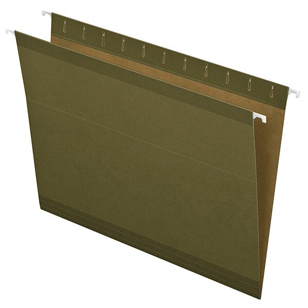 An Earthwise green hanging folder with white clips.
