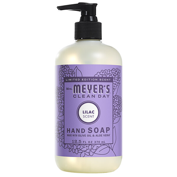 A white Mrs. Meyer's Clean Day hand soap bottle with a lilac label and pump.