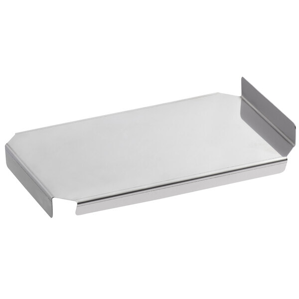 A stainless steel lid with a handle for a rectangular pan.