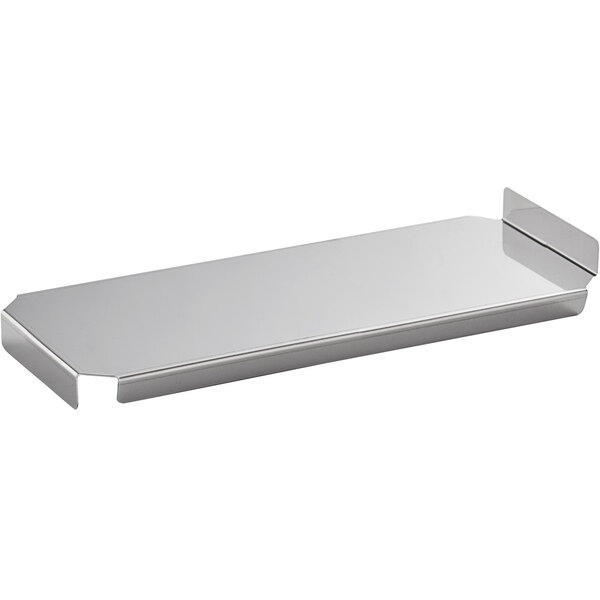 A silver rectangular stainless steel lid with a metal handle.