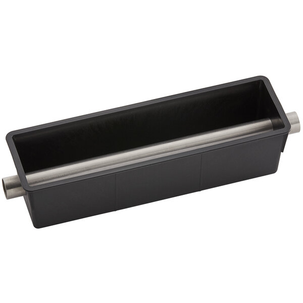 A black rectangular non-stick cake pan with a silver metal bottom and metal handle.