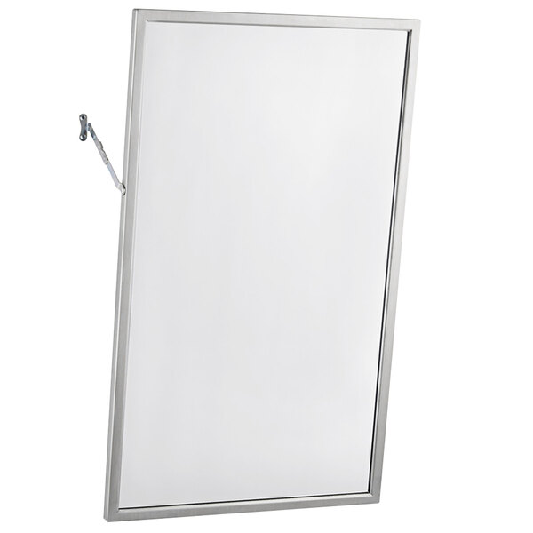 A Bobrick stainless steel angle-frame mirror.