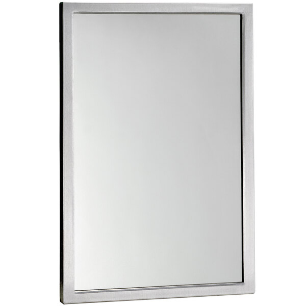 A white rectangular mirror with a stainless steel frame.