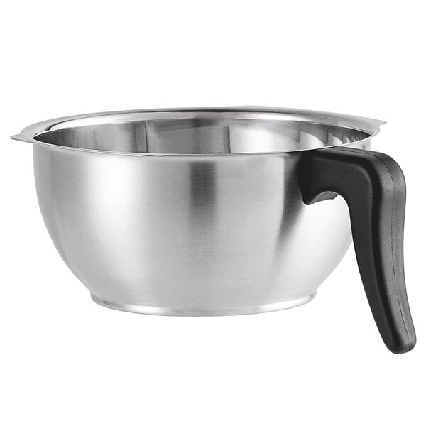An Avantco stainless steel brewing funnel with a black handle.