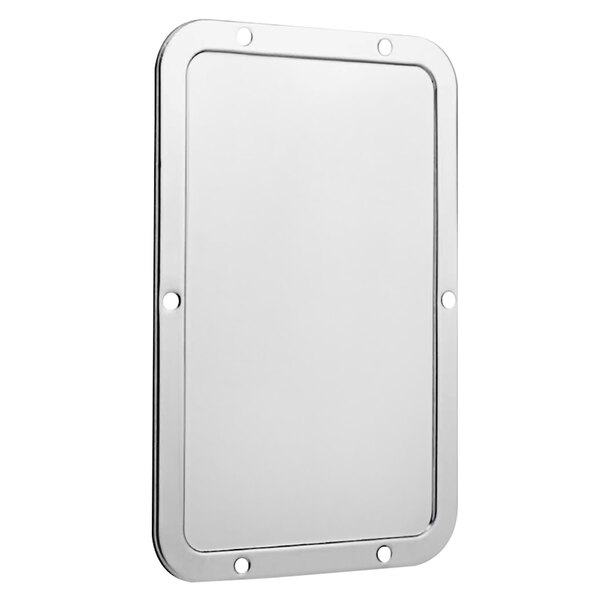A stainless steel rectangular mirror with holes in the corners.