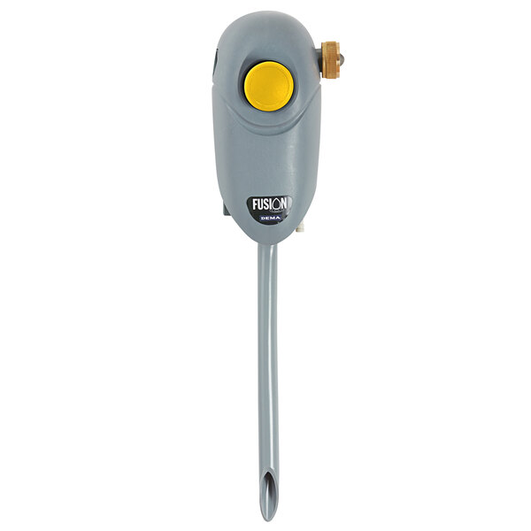 A grey hand held Dema Fusion One bottle filler with a yellow button.