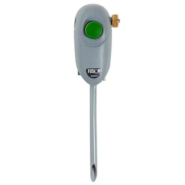A grey Dema Fusion One bottle filling chemical dispenser with a green push button.
