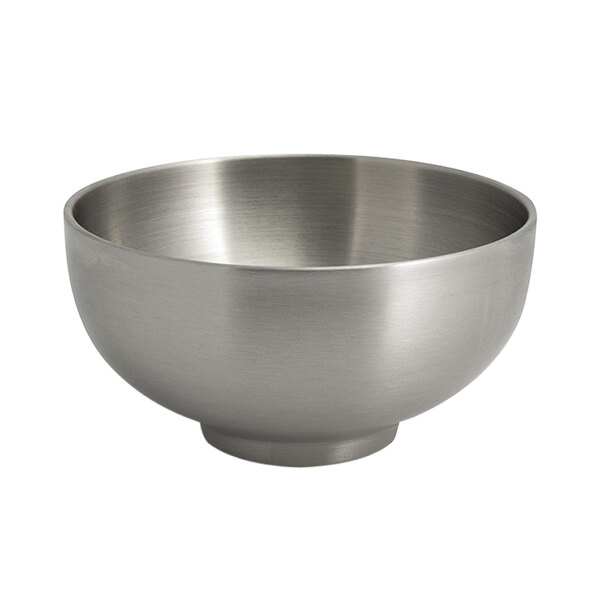 A Front of the House brushed stainless steel round double wall bowl on a white background.