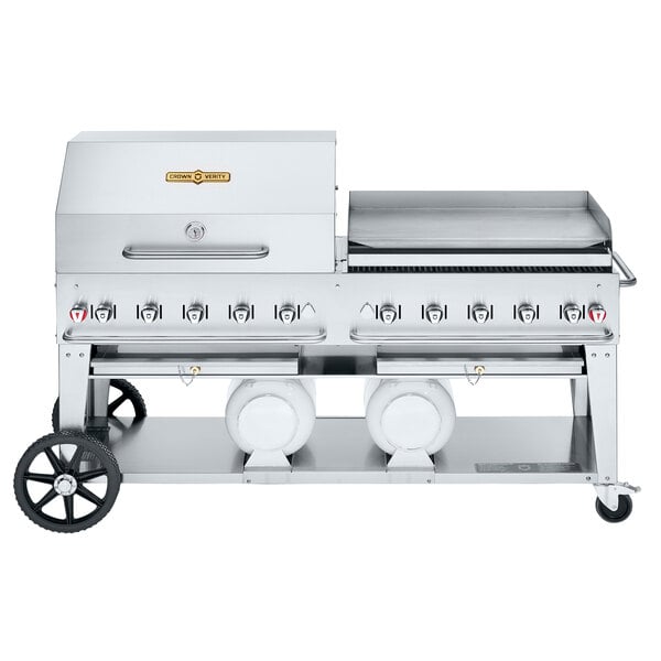 A large stainless steel Crown Verity Club Grill with wheels.