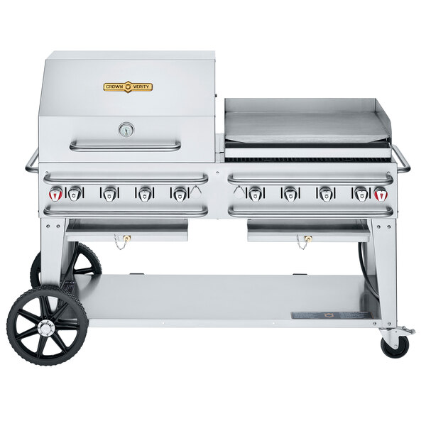 A large stainless steel Crown Verity outdoor grill with a single gas connection.