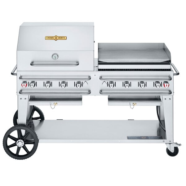 A large stainless steel Crown Verity outdoor grill with two burners.