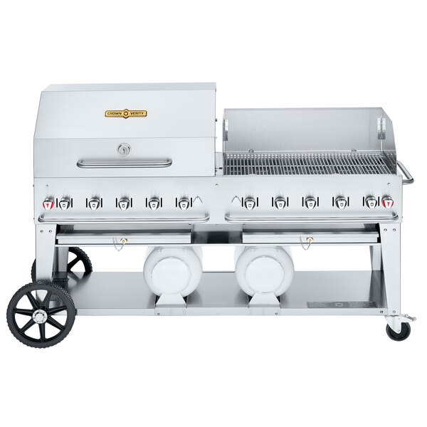 A large stainless steel Crown Verity Club Grill on wheels.