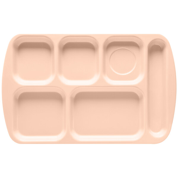 A white GET melamine tray with six compartments of different shapes.