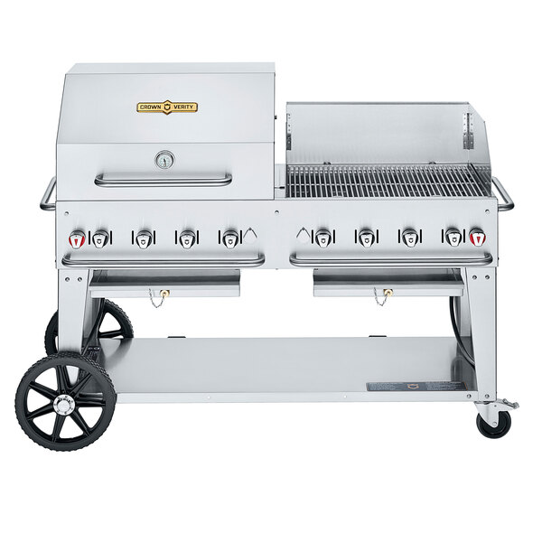 A large Crown Verity stainless steel grill on wheels.