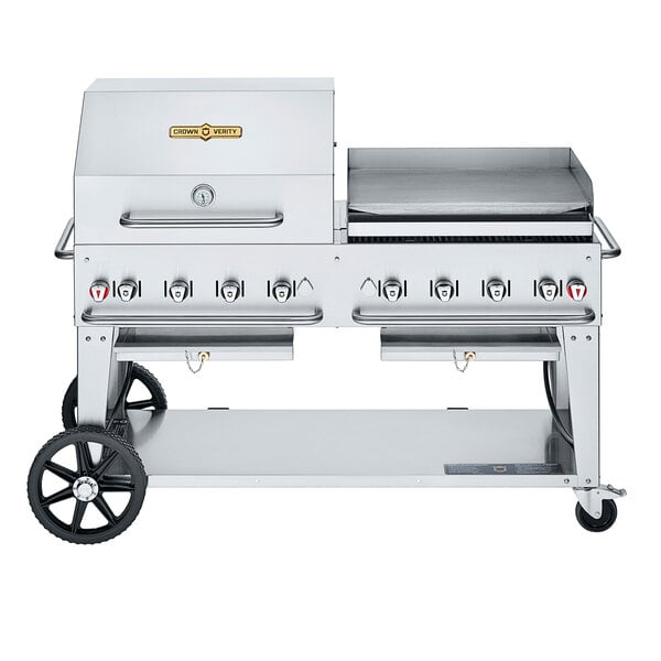 A large stainless steel Crown Verity mobile outdoor grill on a cart.