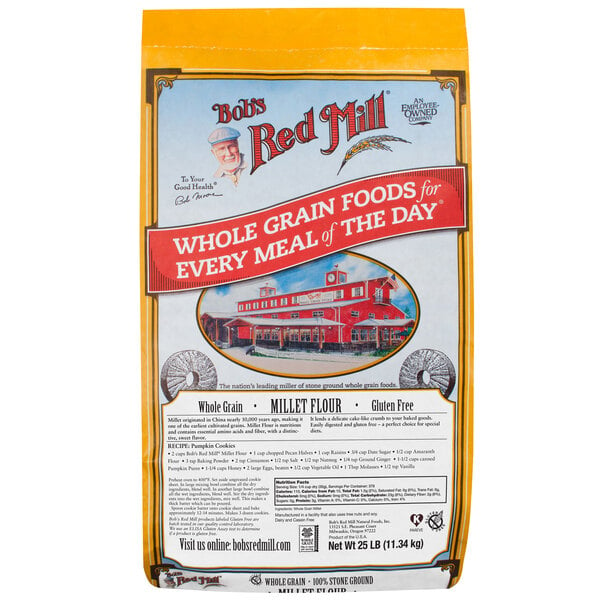 A close up of a Bob's Red Mill 25 lb. bag of whole grain millet flour.