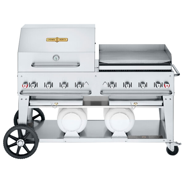 A large stainless steel Crown Verity club grill with wheels.