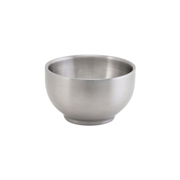 A brushed stainless steel Front of the House Harmony round ramekin.