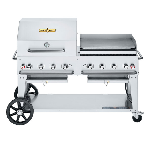 A Crown Verity stainless steel mobile outdoor grill on a cart.