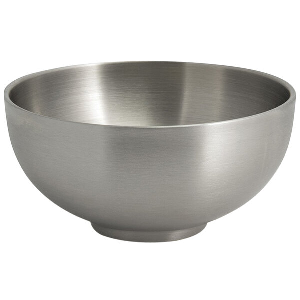 A silver Front of the House stainless steel bowl.