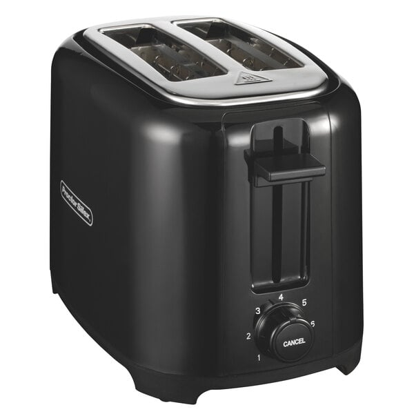 A black Proctor Silex 2 slice toaster with a dial and a knob.