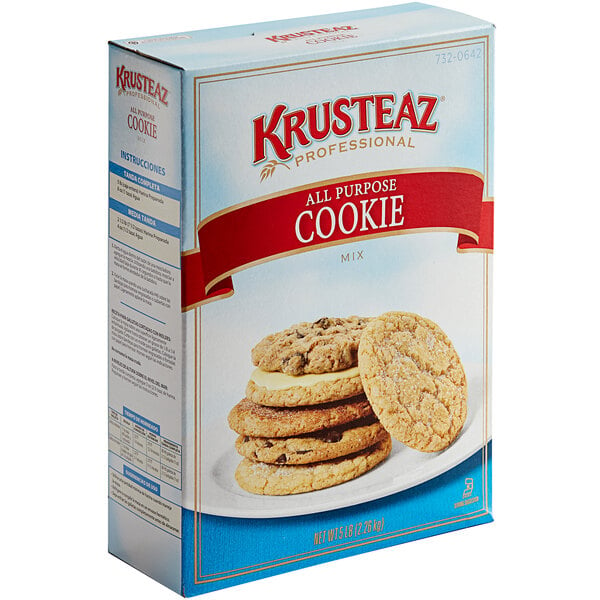 A stack of Krusteaz white chocolate chip cookies on a plate.