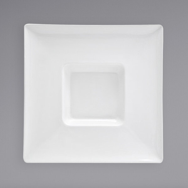 A white porcelain square bowl with a wide rim and square center.