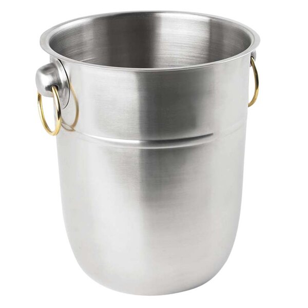 A silver stainless steel Vollrath wine bucket with gold handles.
