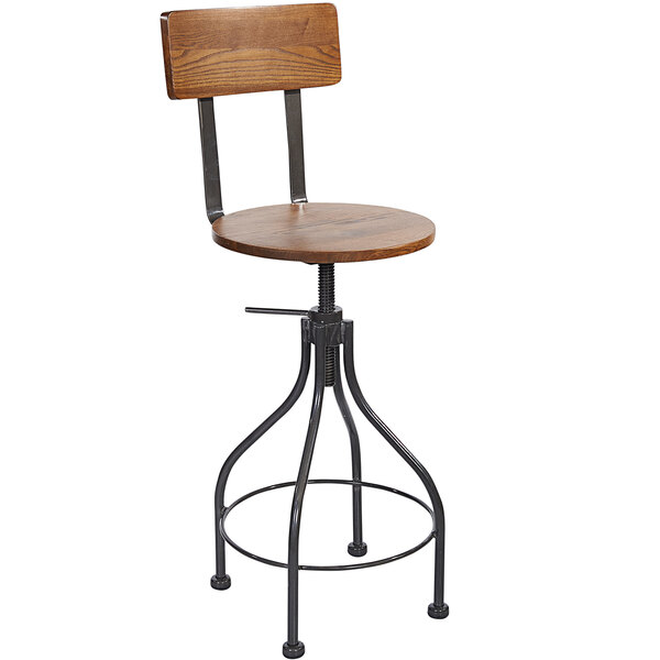A BFM Seating Lincoln bar stool with a wooden seat and back on a metal frame.