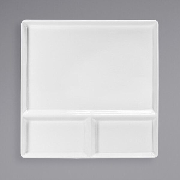 A white Front of the House square porcelain plate with three compartments.