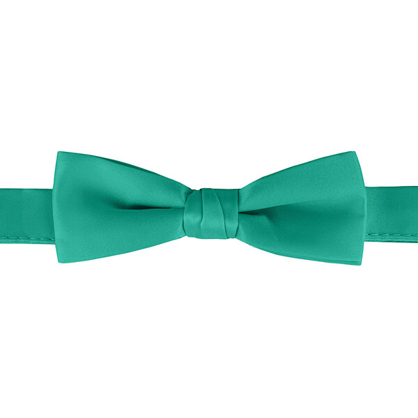 A close-up of a teal Henry Segal bow tie with adjustable band.