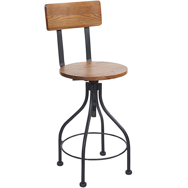 A BFM Seating Lincoln barstool with a wood seat and metal legs.