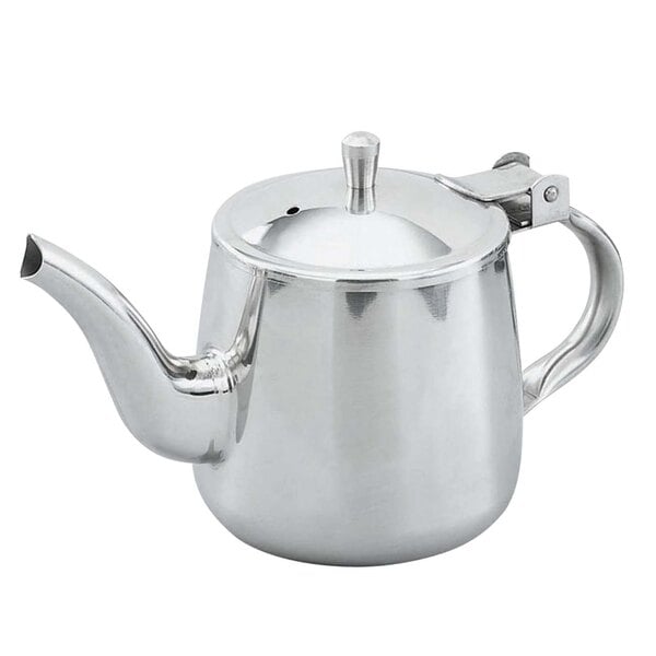 A Vollrath stainless steel gooseneck teapot with a lid.