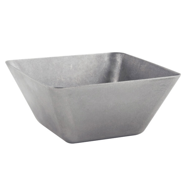 A close-up of a square gray Front of the House Mod stainless steel bowl.