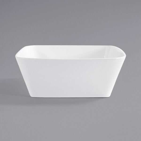 A close-up of a white rectangular bowl.