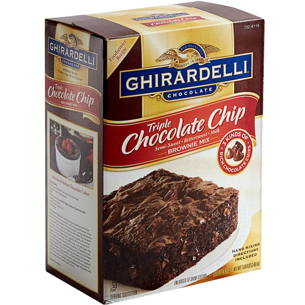 A box of Ghirardelli Triple Chocolate Chip Brownie Mix on a counter.