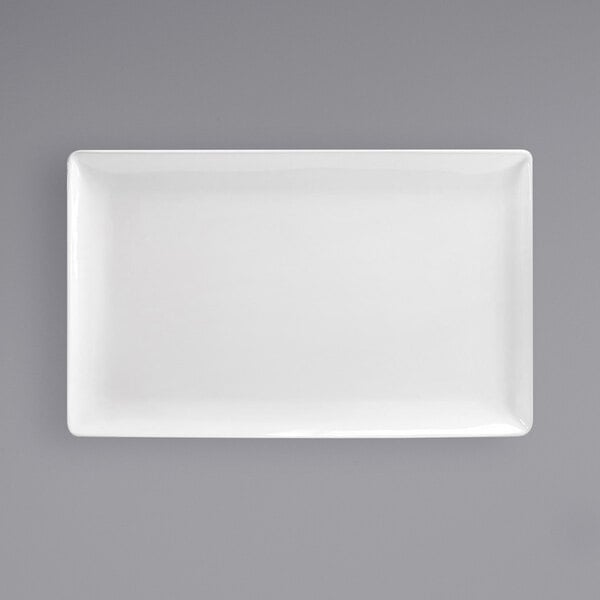 A Front of the House Bright White rectangular porcelain platter on a gray background.