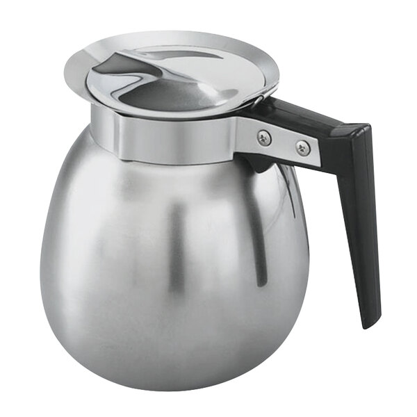 A Vollrath stainless steel coffee decanter with a black plastic handle.